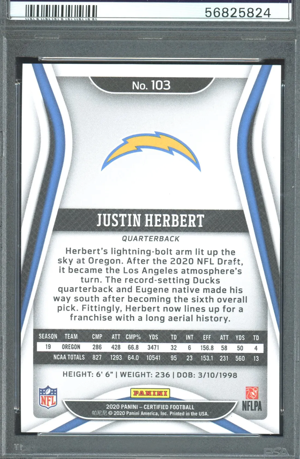 Justin Herbert 2020 Panini Certified Mirror Orange Rookie Football Card #103- #133 Of 199!- Graded Gem Mint 10! (PSA)