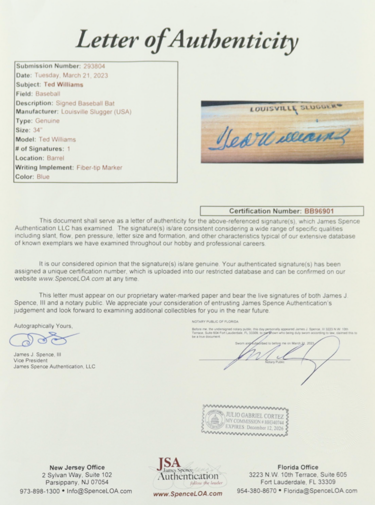 Ted Williams Autograph Louisville Slugger Bat (JSA LOA)