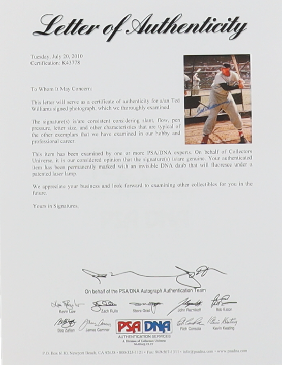 Ted Williams Signed Red Sox 16x20 Photo (PSA & Williams)