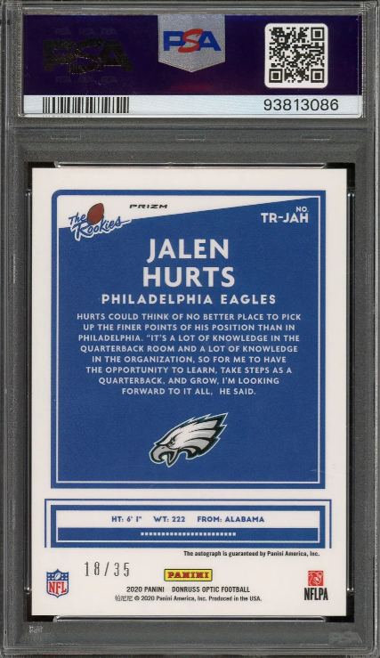 Jalen Hurts 2020 Panini Donruss Optic The Rookies Autograph Rookie Card 18/35! PSA 9: POP 8, 2 Higher!