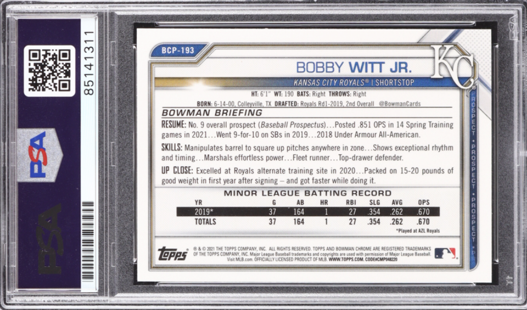 Bobby Witt Jr. Signed 2021 Bowman Chrome Mega Box Prospects Refractors #BCP193 RC (PSA | Autograph Graded PSA 10)