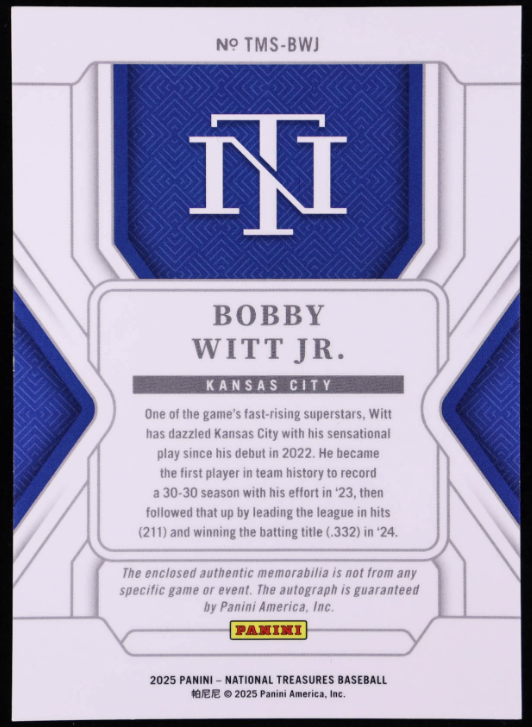 Bobby Witt Jr. 2025 Panini National Treasures Treasured Material Signatures #26 #97/99