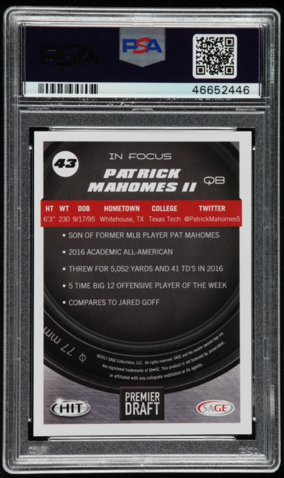 Patrick Mahomes 2017 Sage Hit In-Focus RC PSA 10! - BMC Collectibles