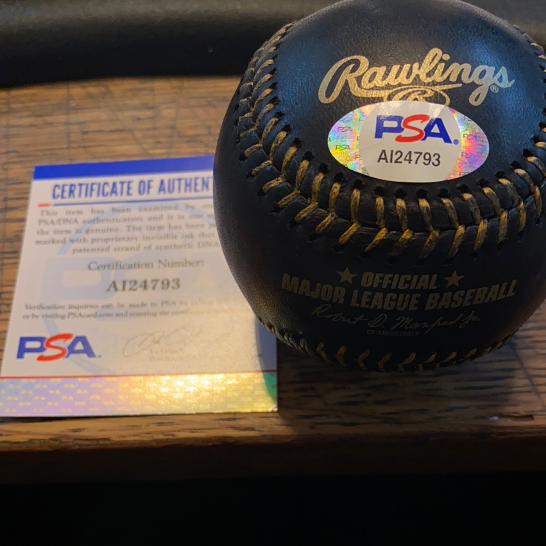 Pete Rose Signed OML Black Leather with 4 Career Stat Inscriptions (PSA COA) - BMC Collectibles