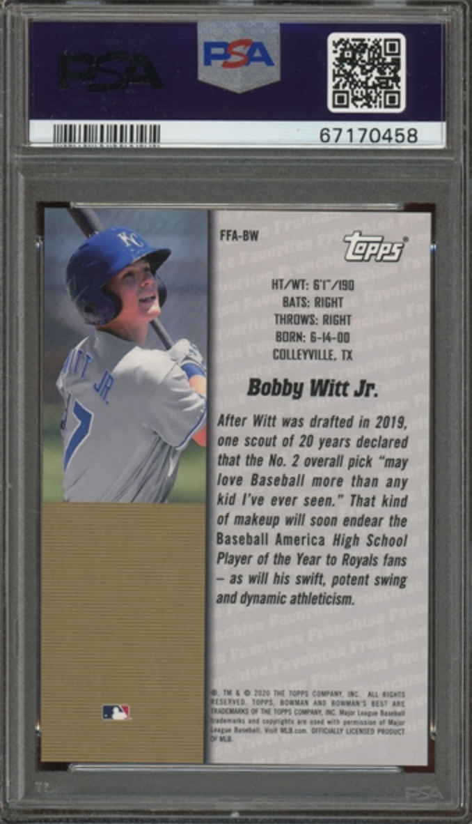 Bobby Witt Jr. 2020 Bowman's Best 2000 Franchise Favorites Gold Refractor Lmt. Ed. Baseball Card #FFABW- #31 of 50!- Graded Gem Mint 10 POP 6! (PSA)