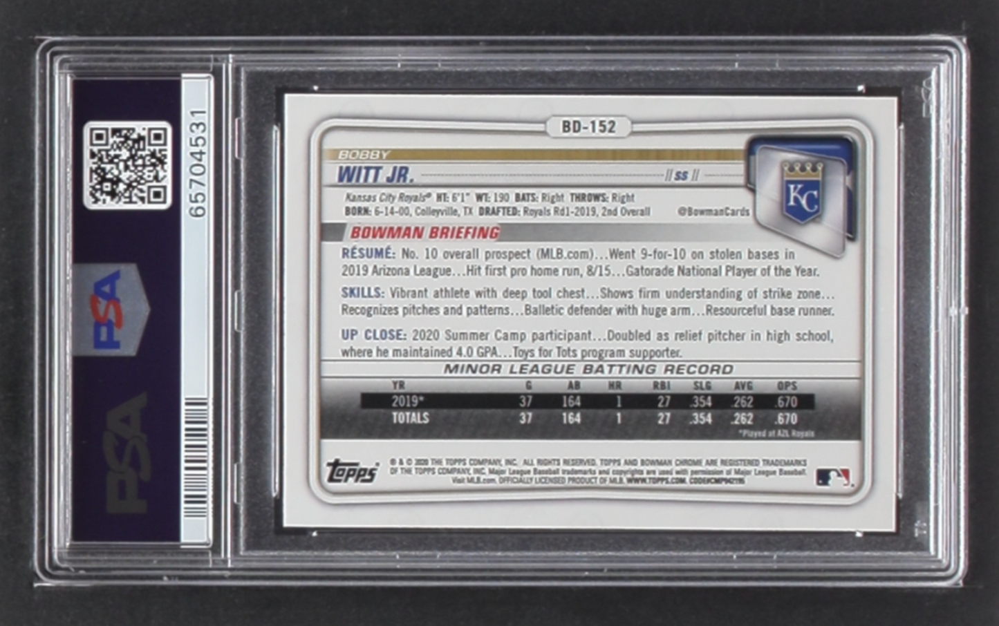 Bobby Witt Jr. Signed 2020 Bowman Chrome Draft (PSA 9) Auto Grade 10