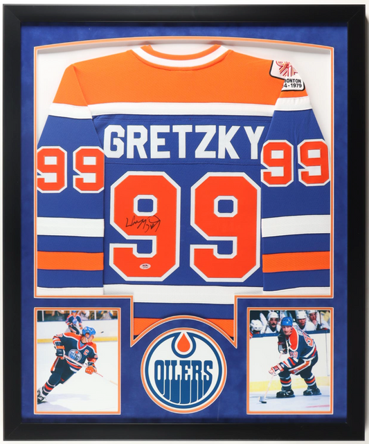 Full custom-framed Wayne Gretzky signed Edmonton Oilers No. 99 jersey display with two action photographs and Oilers logo