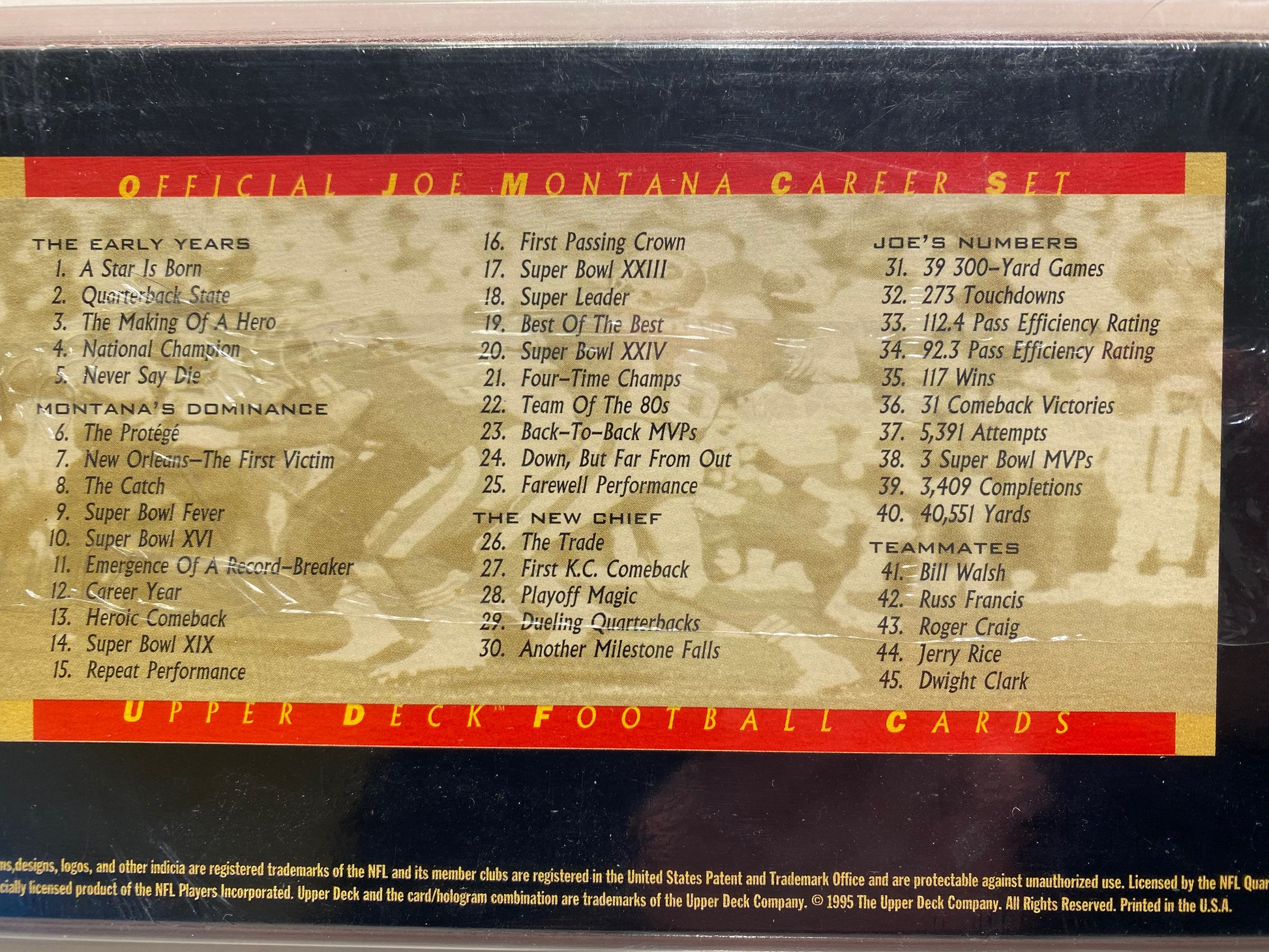 Joe Montana Career Set of Trading Cards - Upper Deck - 1995 (Still in original packaging never opened) - BMC Collectibles