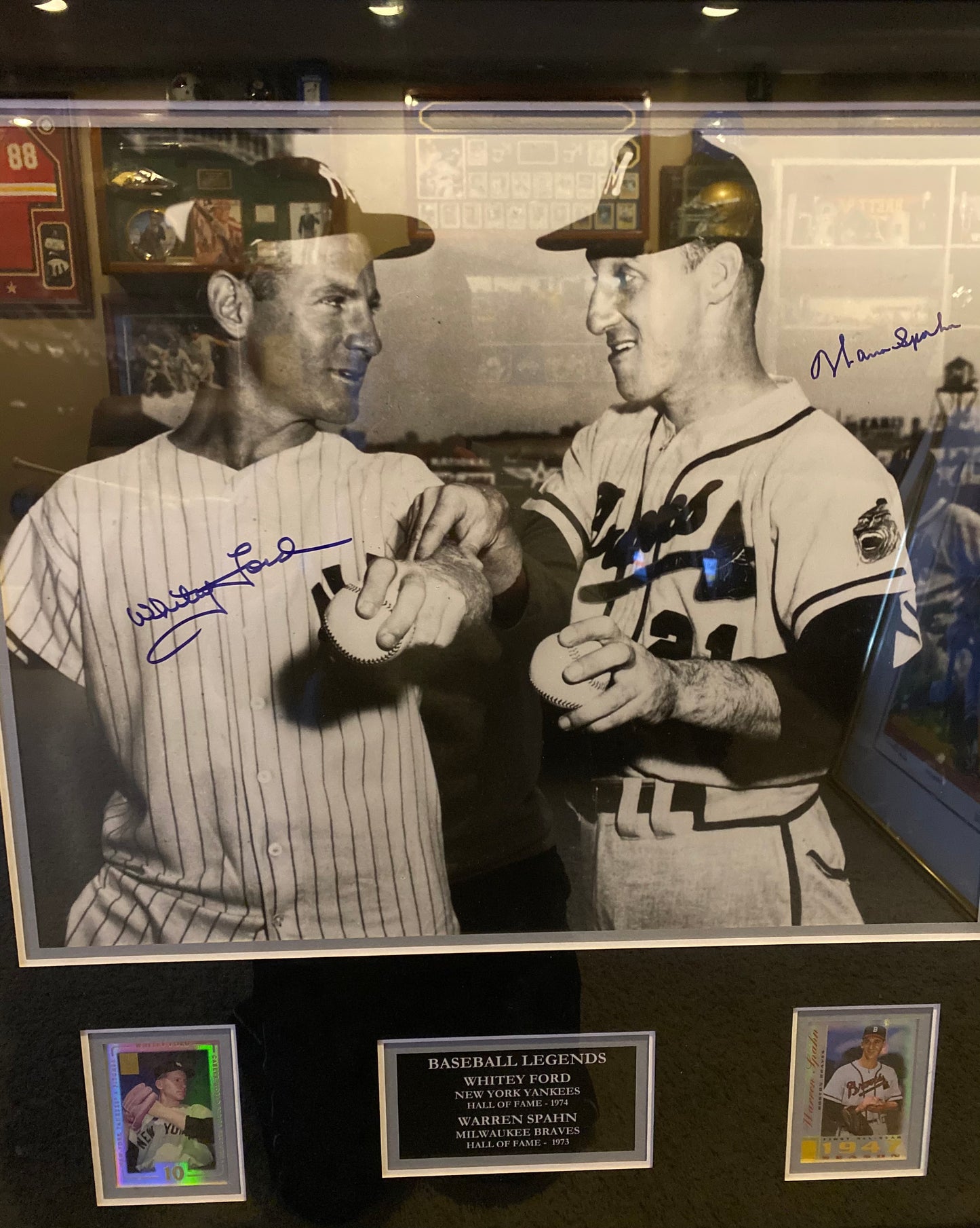 Whitey Ford/Warren Spahn Dual Signed Photo Framed Plaque (Cards Inside) *W/COA - BMC Collectibles