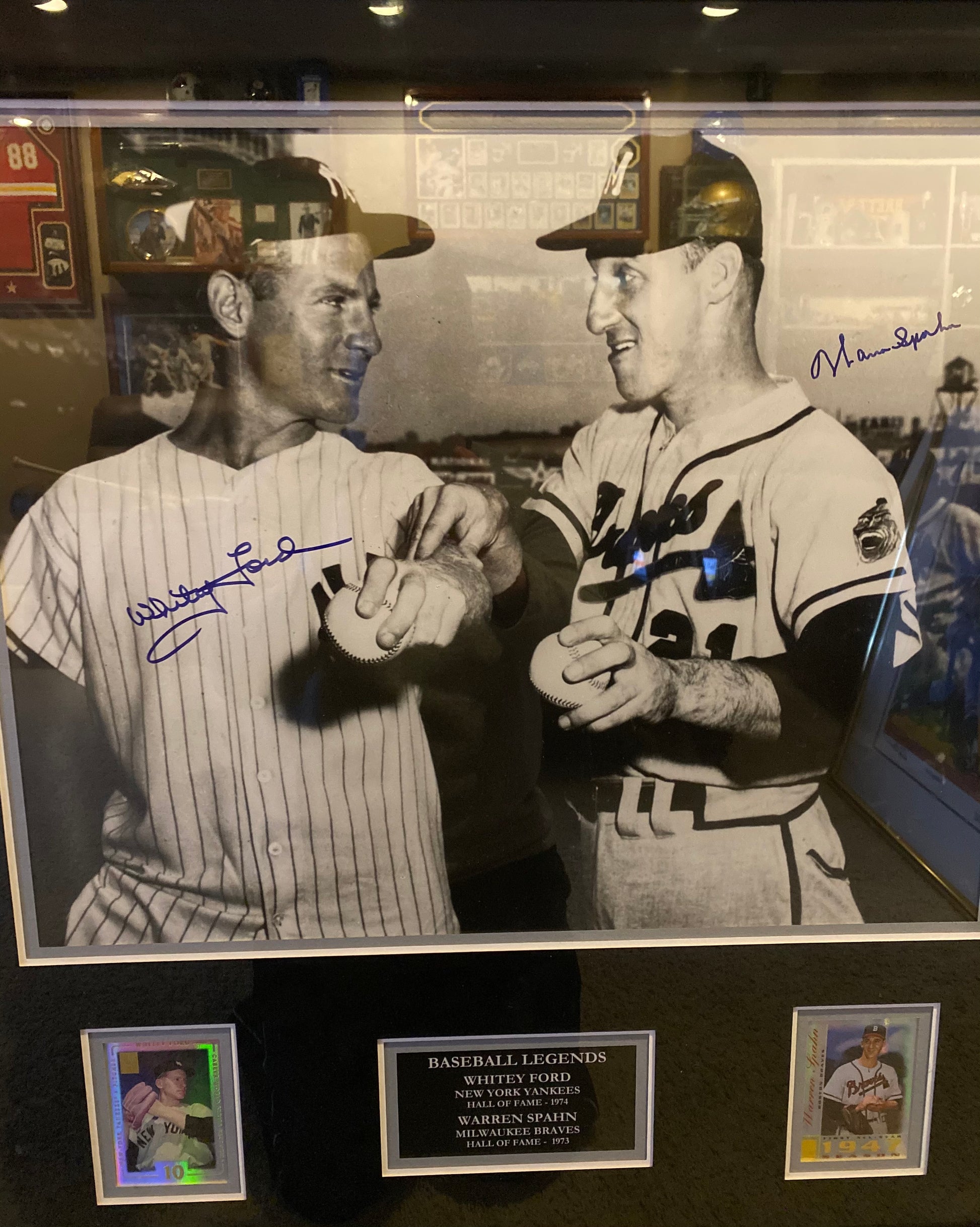 Whitey Ford/Warren Spahn Dual Signed Photo Framed Plaque (Cards Inside) *W/COA - BMC Collectibles