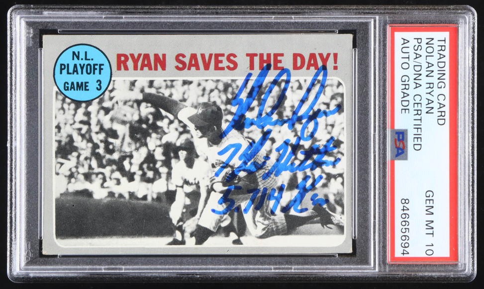 Nolan Ryan Signed 1970 Topps NL Playoff Game Incscribed "7 No Hitters" and "5,714 K's) PSA GEM MT 10